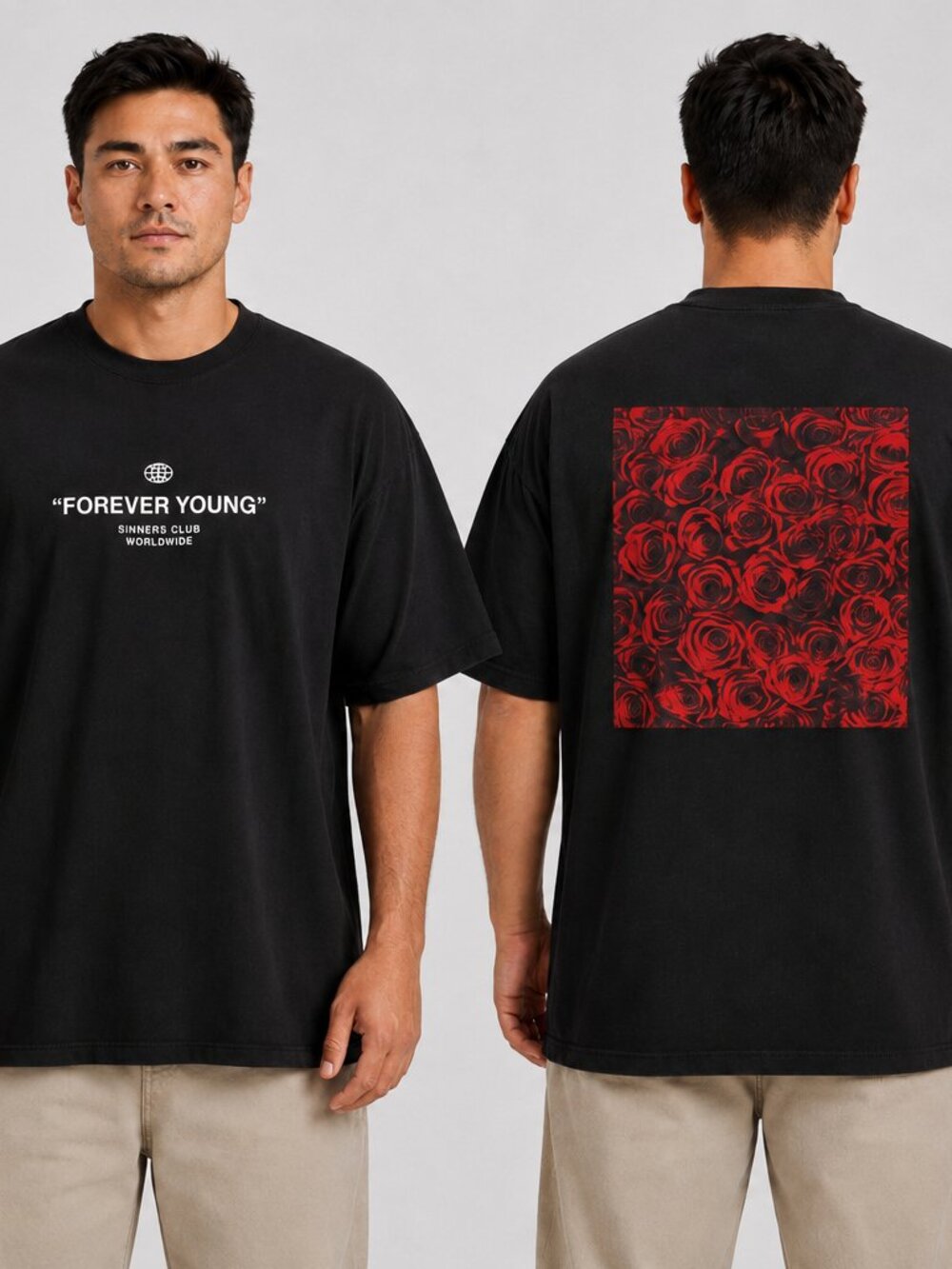 Forever Young With Red Rose Back Graphic Tee